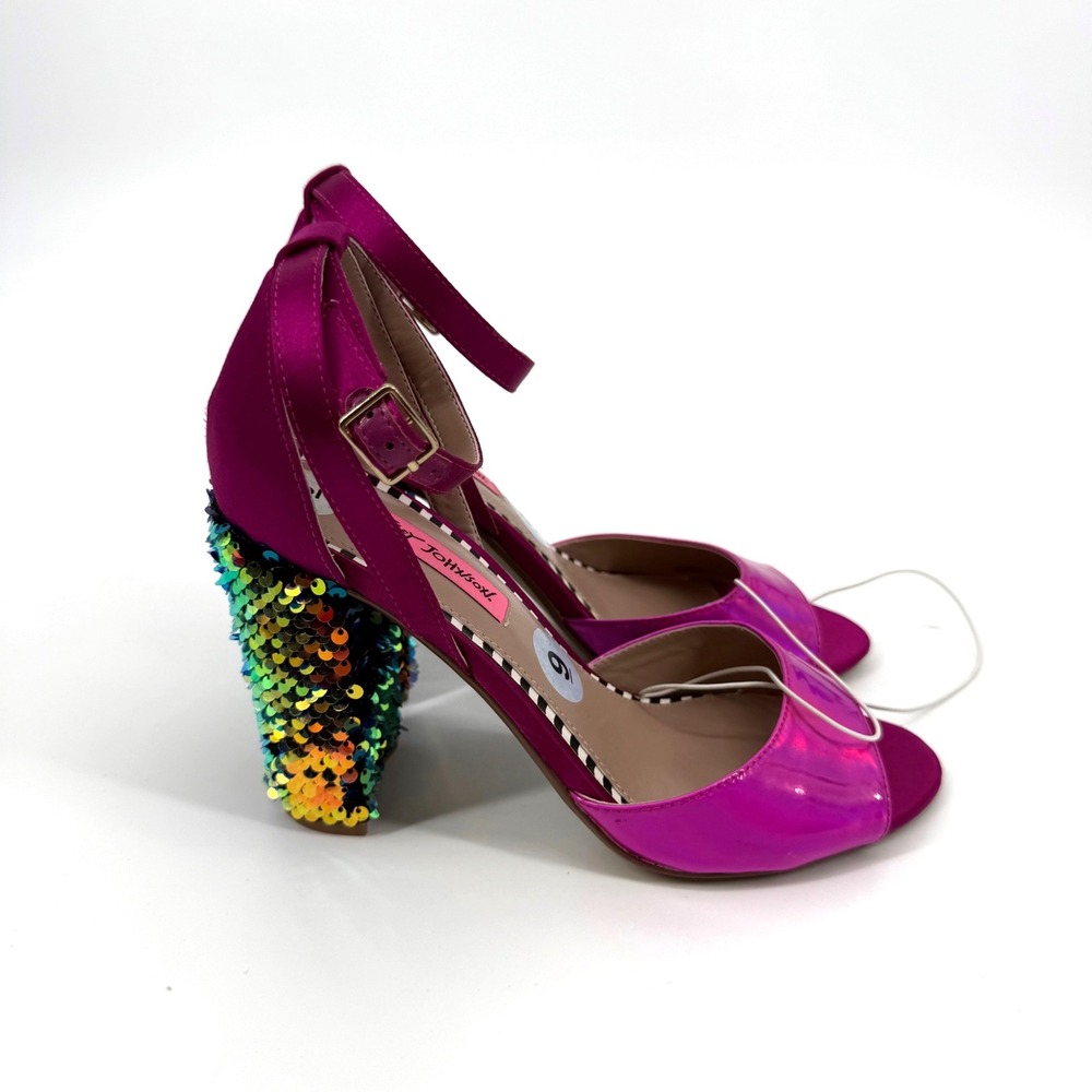 Betsey Johnson 9 Brandy Pink Patent Sequin Block Heel Sandals Party Glam Sparkle - Picture 4 of 7